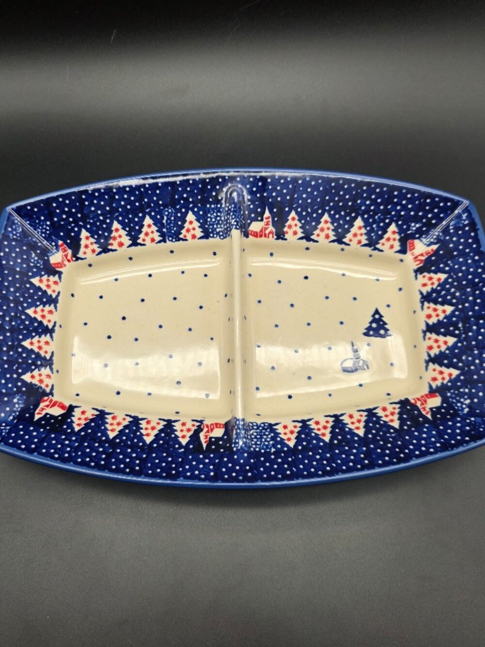 BOLESLAWIEC 11x7” serving tray Bowl Church + CHRISTMAS Pine TREE POLISH POTTERY